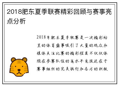 2018肥东夏季联赛精彩回顾与赛事亮点分析