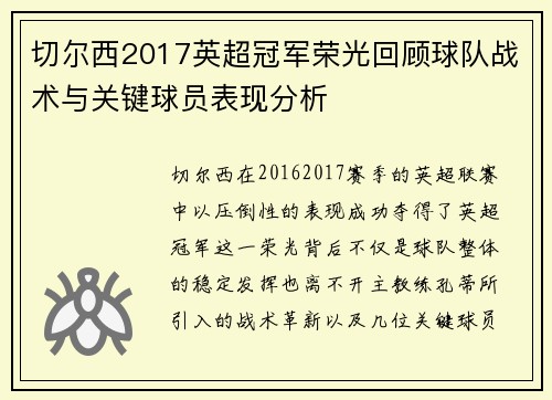 切尔西2017英超冠军荣光回顾球队战术与关键球员表现分析