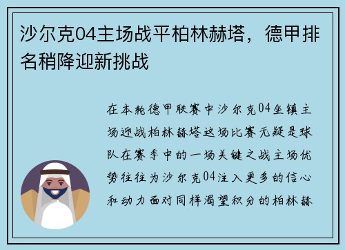沙尔克04主场战平柏林赫塔，德甲排名稍降迎新挑战